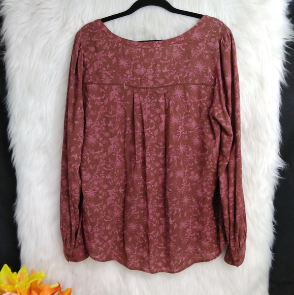 Hinge Brown and Pink Floral Pattern V Neck Long Sleeve Blouse Size 1 - Picture 8 of 10